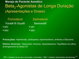 6161
Manejo do Paciente AsmáticoManejo do Paciente Asmático
BetaBeta22-Agonistas de Longa Duração-Agonistas de Longa Duração
(Apresentações e Doses)(Apresentações e Doses)
Formoterol Salmeterol
Foradil ® Oxys® Serevent®
 DPI
 MDI
 DPI
 MDI
Precauções: Hipertensão, cardiopatias, hipertireoidismo, arritmias e Glaucoma.
Efeitos Adversos: Taquicardia, tremores, hipopotassemia, Taquifilaxia nos olhos,
prolongamento do tempo QT
DPI = Inalador de pó seco (accuhaler, turbuhaler) ; MDI = Inalador dosimetrado (bombinhas)
 