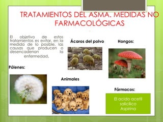 TRATAMIENTOS DEL ASMA. MEDIDAS NO
FARMACOLÓGICAS
.
El objetivo de estos
tratamientos es evitar, en la
medida de lo posible, las
causas que producen o
desencadenan la
enfermedad.
Pólenes:
Ácaros del polvo Hongos:
Animales
Fármacos:
El acido acetil
salicílico
Aspirina
 