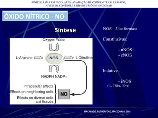 RINITE E ASMA EM ESCOLARES: AVALIAÇÃO DE ÓXIDO NÍTRICO EXALADO,
NÍVEIS DE CONTROLE E REPERCUSSÕES FUNCIONAIS
MACKENZIE, RUTHERFORD, MACDONALD, 2008 
ÓXIDO NÍTRICO - NO
SínteseSíntese NOS - 3 isoformas:
Constitutivas:
- nNOS
- eNOS
Indutível:
- iNOS
(IL, TNFα, IFN )ɤ
 