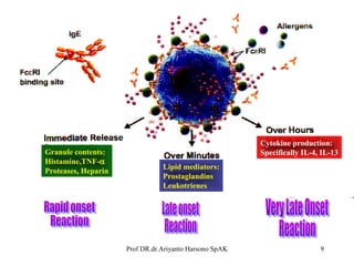 Granule contents:
Histamine,TNF-α
Proteases, Heparin

Cytokine production:
Specifically IL-4, IL-13
Lipid mediators:
Prostaglandins
Leukotrienes

Prof DR.dr.Ariyanto Harsono SpAK

9

 