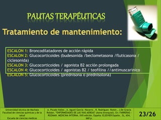 ESCALON 1: Broncodilatadores de acción rápida
ESCALON 2: Glucocorticoides (budesonida /beclometasona /fluticasona /
ciclesonida)
ESCALON 3: Glucocorticoides / agonista B2 acción prolongada
ESCALON 4: Glucocorticoides / agonistas B2 / teofilina //antimuscarinico
ESCALON 5: Glucocorticoides (prednisona o prednisolona)
Universidad técnica de Machala
Facultad de ciencias químicas y de la
salud
Escuela de ciencias medicas
A. Picado Valles , A. Agustí García –Navarro , R. Rodríguez –Roisin , J.De Gracia
Roldan. “ENFERMEDADES DE LAS VIAS AEREAS" (Asma bronquial). En: FARRERAS -
ROZMAN. MEDICINA INTERNA. XVII edición. España: ELSEVIER España , SL, 654,
660 p.
23/26
 