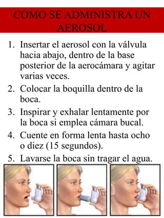 COMO SE ADMINISTRA UN
AEROSOL
1. Insertar el aerosol con la válvula
hacia abajo, dentro de la base
posterior de la aerocámara y agitar
varias veces.
2. Colocar la boquilla dentro de la
boca.
3. Inspirar y exhalar lentamente por
la boca si emplea cámara bucal.
4. Cuente en forma lenta hasta ocho
o diez (15 segundos).
5. Lavarse la boca sin tragar el agua.
 