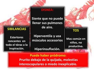 CUADRO
CLINICO:
SIBILANCIAS
Estertores
roncantes en
todo el tórax a la
inspiración.
DISNEA:
Siente que no puede
llenar sus pulmones
de aire.
Hiperventila y usa
músculos accesorios
Hiperinsuflación.
TOS
Mas común en
niños, no
productiva.
Puede haber pródromo:
Prurito debajo de la quijada, molestias
interescapulares o miedo inexplicable.
 