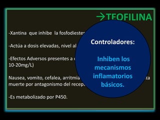 Broncodilatador
ó de Rescate:
Alivian rápido
los síntomas por
relajación de
musculo liso
Controladores:
Inhiben los
mecanismos
inflamatorios
básicos.
HIPER
REACTIVIDAD INFLAMACIÓN
-Actúa en la
contracción del
musculo liso.
-Poco sobre la
inflamación
-No bastan para
controlar los
síntomas
persistentes.
Agonistas B2:
-Los mas eficaces.
No influye mucho en la
inflamacionno reduce la
hiperreactividad.
La mejor via es inhalada.
ACCION CORTA
-Técnica de Rescate
-Salbutamol
(albuterol)
-Efecto inicia rápido,
dura 3-6h
ACCION LARGA
-Salmeterol y
Formoterol
-Dura mas de 12
horas, se da 2/d
-Debe combinarse con
corticoesteroide
Efectos Adversos: mínimos
(temblor, palpitación).
ANTICOLINERGICOS:
- Bromuro de Ipratropio
-Antagonistas de receptores muscarínicos de nervios colinérgicos.
-Inhibe broncoconstricción y secreción de moco.
-Solo se usa como adicional en asma no controlada con otros.
- Por nebulizador pero después de los agonistas B pues su acción
es tardía
Efectos Adversos: Mínimos; xerostomía .
TEOFILINA
-Xantina que inhibe la fosfodiesterasa del musculo liso
-Actúa a dosis elevadas, nivel al cual ya causan efectos adversos.
-Efectos Adversos presentes a dosis mayores de 10mg/L (se usa
10-20mg/L)
Nausea, vomito, cefalea, arritmias cardiacas, convulsiones y hasta
muerte por antagonismo del receptor de adenosina.
-Es metabolizado por P450.
Controladores:
Inhiben los
mecanismos
inflamatorios
básicos.
 