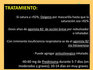 -Grandes alteraciones a la espirometria
-Hipoxia y baja PaCO2 por la hiperventilacion
-Si la PaCO2 es normal o aumenta indica necesidad de
tratamiento inmediato.
- El inhalador de rescate no anula los sintomas
TRATAMIENTO:
-Si satura a <92%, Oxigeno por mascarilla hasta que la
saturación sea >92%
-Dosis altas de agonista B2 de acción breve por nebulizador
o inhalador.
-Con inminente insuficiencia respiratoria se da el agonista B2
via Intravenosa
- Puede agregar anticolinergico inhalado.
-40-60 mg de Prednisona durante 5-7 días (en
moderados y graves); 10-14 días en muy graves.
 