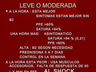 LEVE O MODERADALEVE O MODERADA
 A LA HORA : ESTA MEJORA LA HORA : ESTA MEJOR
SINTOMAS ESTAN MEJOR SINSINTOMAS ESTAN MEJOR SIN
B2B2
PFE >60%PFE >60%
SATURA >94%SATURA >94%
UNA HORA MAS: ASINTOMATICOUNA HORA MAS: ASINTOMATICO
SATURA >94 % (0,21)SATURA >94 % (0,21)
PFE >60%PFE >60%
ALTA : B2 SEGÚN NECESIDADALTA : B2 SEGÚN NECESIDAD
PREDNISONA 5 A 7 DIASPREDNISONA 5 A 7 DIAS
CONTROL EN LA SEMANACONTROL EN LA SEMANA
A LA HORA ESTA PEOR : USA MUSCULOSA LA HORA ESTA PEOR : USA MUSCULOS
ACCESORIOS, FALTA DE RESPUESTA DE 50ACCESORIOS, FALTA DE RESPUESTA DE 50
 