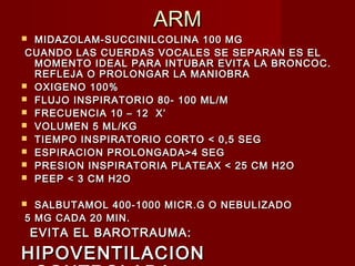 ARMARM
 MIDAZOLAM-SUCCINILCOLINA 100 MGMIDAZOLAM-SUCCINILCOLINA 100 MG
CUANDO LAS CUERDAS VOCALES SE SEPARAN ES ELCUANDO LAS CUERDAS VOCALES SE SEPARAN ES EL
MOMENTO IDEAL PARA INTUBAR EVITA LA BRONCOC.MOMENTO IDEAL PARA INTUBAR EVITA LA BRONCOC.
REFLEJA O PROLONGAR LA MANIOBRAREFLEJA O PROLONGAR LA MANIOBRA
 OXIGENO 100%OXIGENO 100%
 FLUJO INSPIRATORIO 80- 100 ML/MFLUJO INSPIRATORIO 80- 100 ML/M
 FRECUENCIA 10 – 12 X’FRECUENCIA 10 – 12 X’
 VOLUMEN 5 ML/KGVOLUMEN 5 ML/KG
 TIEMPO INSPIRATORIO CORTO < 0,5 SEGTIEMPO INSPIRATORIO CORTO < 0,5 SEG
 ESPIRACION PROLONGADA>4 SEGESPIRACION PROLONGADA>4 SEG
 PRESION INSPIRATORIA PLATEAX < 25 CM H2OPRESION INSPIRATORIA PLATEAX < 25 CM H2O
 PEEP < 3 CM H2OPEEP < 3 CM H2O
 SALBUTAMOL 400-1000 MICR.G O NEBULIZADOSALBUTAMOL 400-1000 MICR.G O NEBULIZADO
5 MG CADA 20 MIN.5 MG CADA 20 MIN.
EVITA EL BAROTRAUMA:EVITA EL BAROTRAUMA:
HIPOVENTILACIONHIPOVENTILACION
 