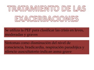 Se utiliza la PEF para clasificar las crisis en leves,
moderadas y graves
Síntomas como disminución del nivel de
consciencia, bradicardia, respiración paradójica y
silencio auscultatorio indican asma grave
 
