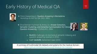 Early History of Medical QA
 BioASQ challenges on biomedical semantic indexing and
question answering (started in 2012).
 CLEF QA4MRE Alzheimer’s task (2012).
A summary of multimodal QA datasets and systems for the medical domain:
https://github.com/abachaa/Existing-Medical-QA-Datasets
 Pierre Zweigenbaum. Question Answering in Biomedicine.
Workshop on NLP for QA, EACL 2003,
11
 Dina Demner-Fushman & Jimmy Lin. Answer Extraction,
Semantic Clustering, and Extractive Summarization for Clinical
Question Answering. COLING/ACL 2006.
 