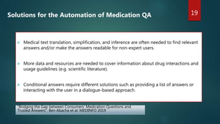 Medical text translation, simplification, and inference are often needed to find relevant
answers and/or make the answers readable for non-expert users.
 More data and resources are needed to cover information about drug interactions and
usage guidelines (e.g. scientific literature).
 Conditional answers require different solutions such as providing a list of answers or
interacting with the user in a dialogue-based approach.
19
Solutions for the Automation of Medication QA
“Bridging the Gap between Consumers’ Medication Questions and
Trusted Answers”. Ben Abacha et al. MEDINFO 2019
 