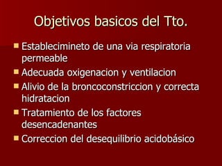 Objetivos basicos del Tto. Establecimineto de una via respiratoria permeable Adecuada oxigenacion y ventilacion Alivio de la broncoconstriccion y correcta hidratacion Tratamiento de los factores desencadenantes Correccion del desequilibrio acidobásico 