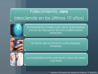Fallecimiento, raro
(desciende en los últimos 10 años)

      El tratamiento inadecuado de la enfermedad
        con el uso frecuente de broncodilatadores
                         inhalados


         El hecho de no iniciar la corticoterapia
                       inhalada



     Las hospitalizaciones previas en casos de asma
                        casi fatal



                        Harrison Principios de Medicina Interna. 17 edición
 