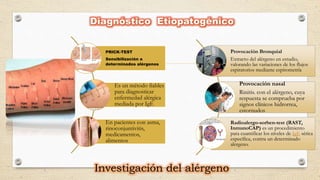 PRICK-TEST
Sensibilización a
determinados alérgenos
Es un método fiables
para diagnosticar
enfermedad alérgica
mediada por IgE
En pacientes con asma,
rinoconjuntivitis,
medicamentos,
alimentos
Investigación del alérgeno
Provocación Bronquial
Extracto del alérgeno en estudio,
valorando las variaciones de los flujos
espiratorios mediante espirometría
Provocación nasal
Rinitis. con el alérgeno, cuya
respuesta se comprueba por
signos clínicos hidrorrea,
estornudos
Radioalergo-sorben-test (RAST,
InmunoCAP) es un procedimiento
para cuantificar los niveles de IgE sérica
específica, contra un determinado
alergeno.
 