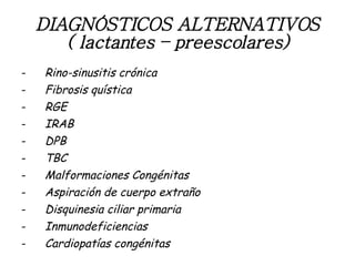 DIAGNÓSTICOS ALTERNATIVOS ( lactantes – preescolares) Rino-sinusitis crónica Fibrosis quística RGE IRAB DPB TBC Malformaciones Congénitas Aspiración de cuerpo extraño Disquinesia ciliar primaria Inmunodeficiencias Cardiopatías congénitas 