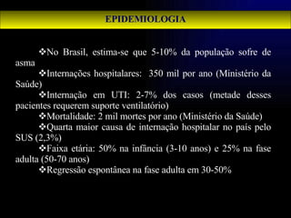 EPIDEMIOLOGIA No Brasil, estima-se que 5-10% da população sofre de asma Internações hospitalares:  350 mil por ano (Ministério da Saúde) Internação em UTI: 2-7% dos casos (metade desses pacientes requerem suporte ventilatório) Mortalidade: 2 mil mortes por ano (Ministério da Saúde) Quarta maior causa de internação hospitalar no país pelo SUS (2,3%) Faixa etária: 50% na infância (3-10 anos) e 25% na fase adulta (50-70 anos) Regressão espontânea na fase adulta em 30-50% 