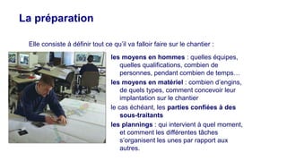 La préparationLa préparation
Elle consiste à définir tout ce qu’il va falloir faire sur le chantier :
§ les moyens en hommes : quelles équipes,
quelles qualifications, combien de
personnes, pendant combien de temps…
§ les moyens en matériel : combien d’engins,
de quels types, comment concevoir leur
implantation sur le chantier
§ le cas échéant, les parties confiées à des
sous-traitants
§ les plannings : qui intervient à quel moment,
et comment les différentes tâches
s’organisent les unes par rapport aux
autres.
 