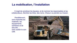 La mobilisation, l’installationLa mobilisation, l’installation
Il s’agit de constituer les équipes, et de nommer les responsables et les
collaborateurs. Derrière les titres, des noms. Chacun va prendre sa mission.
Parallèlement,
sont implantés les
matériels, les
équipements
sanitaires et de
sécurité …
sans oublier le coin
café.
 