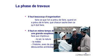 § Il faut beaucoup d’organisation
faire ce que l’on a prévu de faire, quand on
a prévu de le faire, que chacun sache bien ce
qu’il doit faire.
§ Il faut en même temps démontrer
une grande souplesse pour faire
face aux imprévus :
- le sol, la nature
- la météo
- l’histoire, avec de possibles
découvertes archéologiques …
La phase de travauxLa phase de travaux
20
Retour Dossier 3
 