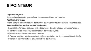 8 POINTEUR
Définition de poste
Il assure la collecte des quantités de ressources utilisées sur chantier.
Position hiérarchique
Il rend compte à l’Administratif de chantier ou au Conducteur de travaux suivant les cas.
Responsabilité en matière de suivi de chantier
- Il remplit les fiches de pointage et les documents de suivi tels que les bons d’achats,
les bordereaux de livraisons, les compteurs de véhicules, etc..
- Il participe au contrôle interne du chantier.
- Il s’assure que tous les documents de collecte sont visés par les responsables désignés.
- Il transmet les informations à l’Administratif de chantier.
 