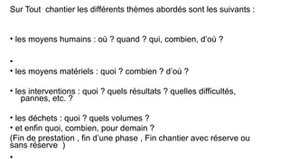 Sur Tout chantier les différents thèmes abordés sont les suivants :
• les moyens humains : où ? quand ? qui, combien, d’où ?
•
• les moyens matériels : quoi ? combien ? d’où ?
• les interventions : quoi ? quels résultats ? quelles difficultés,
pannes, etc. ?
• les déchets : quoi ? quels volumes ?
• et enfin quoi, combien, pour demain ?
(Fin de prestation , fin d’une phase , Fin chantier avec réserve ou
sans réserve )
•
 