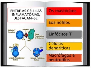ENTRE AS CÉLULAS
INFLAMATÓRIAS,
DESTACAM-SE:
Os mastócitos
Eosinófilos
Linfócitos T
Células
dendríticas
Macrófagos e
neutrófilos
 