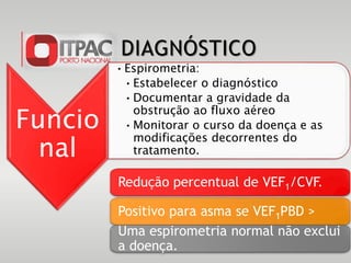 DIAGNÓSTICO
Funcio
nal
•Espirometria:
•Estabelecer o diagnóstico
•Documentar a gravidade da
obstrução ao fluxo aéreo
•Monitorar o curso da doença e as
modificações decorrentes do
tratamento.
Redução percentual de VEF1/CVF.
Positivo para asma se VEF1PBD >
Uma espirometria normal não exclui
a doença.
 