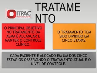 TRATAME
NTO
O PRINCIPAL OBJETIVO
NO TRATAMENTO DA
ASMA É ALCANÇAR E
MANTER O CONTROLE
CLÍNICO.
O TRATAMENTO TEM
SIDO DIVIDIDO EM
CINCO ETAPAS.
CADA PACIENTE É ALOCADO EM UM DOS CINCO
ESTÁGIOS OBSERVANDO O TRATAMENTO ATUAL E O
NÍVEL DE CONTROLE.
 