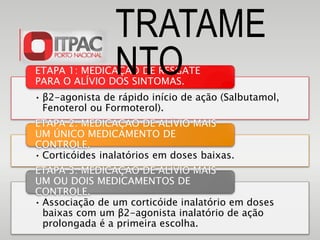 • β2-agonista de rápido início de ação (Salbutamol,
Fenoterol ou Formoterol).
ETAPA 1: MEDICAÇÃO DE RESGATE
PARA O ALÍVIO DOS SINTOMAS.
• Corticóides inalatórios em doses baixas.
ETAPA 2: MEDICAÇÃO DE ALÍVIO MAIS
UM ÚNICO MEDICAMENTO DE
CONTROLE.
• Associação de um corticóide inalatório em doses
baixas com um β2-agonista inalatório de ação
prolongada é a primeira escolha.
ETAPA 3: MEDICAÇÃO DE ALÍVIO MAIS
UM OU DOIS MEDICAMENTOS DE
CONTROLE.
TRATAME
NTO
 
