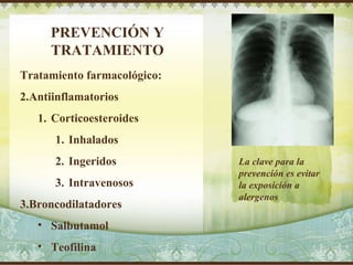 PREVENCIÓN Y TRATAMIENTO Tratamiento farmacológico: Antiinflamatorios Corticoesteroides Inhalados Ingeridos Intravenosos Broncodilatadores Salbutamol Teofilina La clave para la prevención es evitar la exposición a alergenos Delete text and place photo here. 