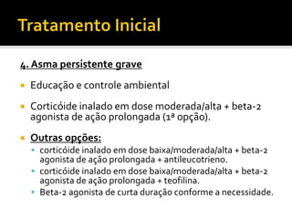OBJETIVOS DO TRATAMENTOAlcançar e manter o controle dos sintomas.Manter atividade física normal, incluindo a possibilidade de executar exercícios físicos.Manter a função pulmonar o mais perto possível do normal.Prevenir exacerbações.Evitar efeitos adversos das medicações.Prevenir mortalidade por asma.EDUCAR O PACIENTE