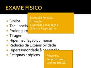 EXAME FÍSICOSibilos TaquipnéiaProlongamento do tempo ExpiratórioTiragemHiperinsuflação pulmonarRedução da ExpansibilidadeHiperssonoridade à percussãoEstigmas atópicosExpiração Forçada