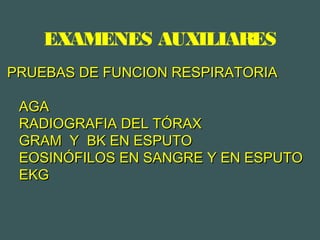 EXAMENES AUXILIARES
PRUEBAS DE FUNCION RESPIRATORIAPRUEBAS DE FUNCION RESPIRATORIA
AGAAGA
RADIOGRAFIA DEL TÓRAXRADIOGRAFIA DEL TÓRAX
GRAM Y BK EN ESPUTOGRAM Y BK EN ESPUTO
EOSINÓFILOS EN SANGRE Y EN ESPUTOEOSINÓFILOS EN SANGRE Y EN ESPUTO
EKGEKG
 