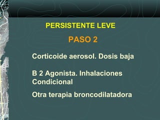 Corticoide aerosol. Dosis baja
B 2 Agonista. Inhalaciones
Condicional
Otra terapia broncodilatadora
PERSISTENTE LEVE
PASO 2
 
