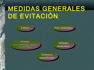 MEDIDAS GENERALES
DE EVITACIÓN
TabacoTabaco Polvo domésticoPolvo doméstico
IrritantesIrritantes
Lacas - Insecticidas - PinturasLacas - Insecticidas - Pinturas
Colonias - HumosColonias - Humos
AnimalesAnimales
domésticosdomésticos
FármacosFármacos
asmatiformesasmatiformes
 