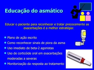 Educação do asmático Educar o paciente para reconhecer e tratar precocemente as exacerbações é a melhor estratégia: Plano de ação escrito Como reconhecer sinais de piora da asma Uso imediato de beta-2 agonistas Uso de corticóide oral em exacerbações moderadas a severas Monitorização da resposta ao tratamento 