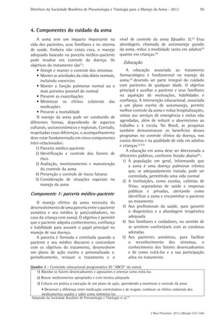 Diretrizes da Sociedade Brasileira de Pneumologia e Tisiologia para o Manejo da Asma - 2012

S9

4. Componentes do cuidado da asma
A asma tem um impacto importante na
vida dos pacientes, seus familiares e no sistema
de saúde. Embora não exista cura, o manejo
adequado baseado na parceria médico-paciente
pode resultar em controle da doença. Os
objetivos do tratamento são(1):
•	Atingir e manter o controle dos sintomas
•	Manter as atividades da vida diária normais,
incluindo exercícios
•	Manter a função pulmonar normal ou o
mais próximo possível do normal
•	Prevenir as exacerbações
•	Minimizar os efeitos colaterais das
medicações
•	Prevenir a mortalidade
O manejo da asma pode ser conduzido de
diferentes formas, dependendo de aspectos
culturais, socioeconômicos e regionais. Contudo,
respeitadas essas diferenças, o acompanhamento
deve estar fundamentado em cinco componentes
inter-relacionados:
1)	Parceria médico-paciente
2)	
Identificação e controle dos fatores de
risco
3)	Avaliação, monitoramento e manutenção
do controle da asma
4)	Prevenção e controle de riscos futuros
5)	
Consideração de situações especiais no
manejo da asma

Componente 1: parceria médico-paciente
O manejo efetivo da asma necessita do
desenvolvimento de uma parceria entre o paciente
asmático e seu médico (e pais/cuidadores, no
caso da criança com asma). O objetivo é permitir
que o paciente adquira conhecimento, confiança
e habilidade para assumir o papel principal no
manejo de sua doença.
A parceria é formada e estreitada quando o
paciente e seu médico discutem e concordam
com os objetivos do tratamento, desenvolvem
um plano de ação escrito e personalizado e,
periodicamente, revisam o tratamento e o

nível de controle da asma (Quadro 3).(2) Essa
abordagem, chamada de automanejo guiado
da asma, reduz a morbidade tanto em adultos(3)
quanto em crianças.(4)

Educação
A educação associada ao tratamento
farmacológico é fundamental no manejo da
asma,(2) devendo ser parte integral do cuidado
com pacientes de qualquer idade. O objetivo
principal é auxiliar o paciente e seus familiares
na aquisição de motivações, habilidades e
confiança. A intervenção educacional, associada
a um plano escrito de automanejo, permite
melhor controle da asma e reduz hospitalizações,
visitas aos serviços de emergência e visitas não
agendadas, além de reduzir o absenteísmo ao
trabalho e à escola. No Brasil, as pesquisas
também demonstraram os benefícios desses
programas no controle clínico da doença, nos
custos diretos e na qualidade de vida em adultos
e crianças.(2,4,5)
A educação em asma deve ser direcionada a
diferentes públicos, conforme listado abaixo(6):
1)	 À população em geral, informando que
a asma é uma doença pulmonar crônica
que, se adequadamente tratada, pode ser
controlada, permitindo uma vida normal
2)	 A instituições, como escolas, colônias de
férias, seguradoras de saúde e empresas
públicas e privadas, alertando como
identificar a asma e encaminhar o paciente
ao tratamento
3)	Aos profissionais da saúde, para garantir
o diagnóstico e a abordagem terapêutica
adequada
4)	 Aos familiares e cuidadores, no sentido de
se sentirem confortáveis com as condutas
adotadas
5)	
Aos pacientes asmáticos, para facilitar
o reconhecimento dos sintomas, o
conhecimento dos fatores desencadeantes
e de como evitá-los e a sua participação
ativa no tratamento

Quadro 3 - Conteúdo educacional programático (O “ABCD” da asma).
1) Abordar os fatores desencadeantes e agravantes e orientar como evitá-los
2) Buscar medicamentos apropriados e com técnica adequada
3) Colocar em prática a execução de um plano de ação, aprendendo a monitorar o controle da asma
• Descrever a diferença entre medicação controladora e de resgate, conhecer os efeitos colaterais dos
medicamentos usados e saber como minimizá-los

Adaptado da Sociedade Brasileira de Pneumologia e Tisiologia et al.(2)

J Bras Pneumol. 2012;38(supl.1):S1-S46

 