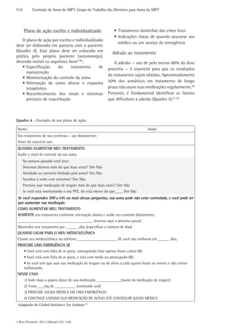 S10	

Comissão de Asma da SBPT, Grupo de Trabalho das Diretrizes para Asma da SBPT

Plano de ação escrito e individualizado
O plano de ação por escrito e individualizado
deve ser elaborado em parceria com o paciente
(Quadro 4). Esse plano deve ser colocado em
prática pelo próprio paciente (automanejo),
devendo incluir os seguintes itens(7,8):
•	Especificação
do
tratamento
de
manutenção
•	Monitorização do controle da asma
•	Orientação de como alterar o esquema
terapêutico
•	Reconhecimento dos sinais e sintomas
precoces de exacerbação

•	Tratamento domiciliar das crises leves
•	Indicações claras de quando procurar seu
médico ou um serviço de emergência

Adesão ao tratamento
A adesão — uso de pelo menos 80% da dose
prescrita — é essencial para que os resultados
do tratamento sejam obtidos. Aproximadamente
50% dos asmáticos em tratamento de longo
prazo não usam suas medicações regularmente.(9)
Portanto, é fundamental identificar os fatores
que dificultam a adesão (Quadro 5).(7,10)

Quadro 4 - Exemplo de um plano de ação.
Nome:

Idade:

Seu tratamento de uso contínuo – use diariamente:
Antes do exercício use:
QUANDO AUMENTAR MEU TRATAMENTO
Avalie o nível de controle da sua asma
Na semana passada você teve:
Sintomas diurnos mais do que duas vezes? Sim Não
Atividade ou exercício limitado pela asma? Sim Não
Acordou à noite com sintomas? Sim Não
Precisou usar medicação de resgate mais do que duas vezes? Sim Não
Se você está monitorando o seu PFE, ele está menor do que____ Sim Não

Se você respondeu SIM a três ou mais dessas perguntas, sua asma pode não estar controlada, e você pode ter
que aumentar sua medicação.
COMO AUMENTAR MEU TRATAMENTO
AUMENTE seu tratamento conforme orientação abaixo e avalie seu controle diariamente:
________________________________________ (escreva aqui o próximo passo)
Mantenha esse tratamento por _______dias (especificar o número de dias)
QUANDO LIGAR PARA O MEU MÉDICO/CLÍNICA
Chame seu médico/clínica no telefone:_____________________ SE você não melhorar em ______ dias.
PROCURE UMA EMERGÊNCIA SE
• Você está com falta de ar grave, conseguindo falar apenas frases curtas OU
• Você está com falta de ar grave, e está com medo ou preocupado OU
• Se você tem que usar sua medicação de resgate ou de alívio a cada quatro horas ou menos e não estiver
melhorando.
NESSE CASO
1) Inale duas a quatro doses de sua medicação _____________(nome da medicação de resgate)
2) Tome____mg de ___________ (corticoide oral)
3) PROCURE AJUDA MÉDICA EM UMA EMERGÊNCIA
4) CONTINUE USANDO SUA MEDICAÇÃO DE ALÍVIO ATÉ CONSEGUIR AJUDA MÉDICA
Adaptado de Global Initiative for Asthma.(1)

J Bras Pneumol. 2012;38(supl.1):S1-S46

 