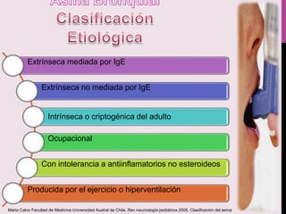 Extrínseca mediada por IgE
Extrínseca no mediada por IgE
Intrínseca o criptogénica del adulto
Ocupacional
Con intolerancia a antiinflamatorios no esteroideos
Producida por el ejercicio o hiperventilación
Mario Calvo Facultad de Medicina Universidad Austral de Chile. Rev neumología pediátrica 2006, Clasificación del asma
 