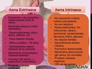 • Exposición a Ag específico
Desencadena crisis de
Asma.
• Pacientes atópicos (rinitis,
Dermatitis)
• Desencadenantes: polvo,
acaro, pólenes, etc.
• Tiene relación familiar.
• Niños y adultos < 30 años
• Generalmente mejora
después de la pubertad.
• Mecanismo inmunológico:
Hipersensibilidad I
• Aumento IgE sérica ––
específica, y Eosinófilos.
• Pruebas cutáneas
positivas.
• No exposición a factor
externo precipitante.
• No son atópicos
• Desencadenantes: frío,
infecciones, tabaco,
emocional, contaminantes,
fármacos (ASA), ejercicio.
• No relación familiar.
• Generalmente adultos
>35años
• Pronostico desfavorable.
• Mecanismo desconocido.
• IgE sérica, Eo normales.
• Pruebas cutáneas
negativas.
• 19% de las asmas.
 
