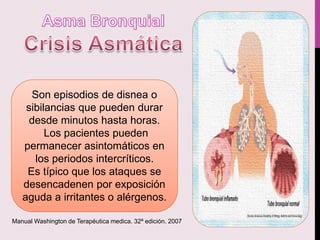 Son episodios de disnea o
sibilancias que pueden durar
desde minutos hasta horas.
Los pacientes pueden
permanecer asintomáticos en
los periodos intercríticos.
Es típico que los ataques se
desencadenen por exposición
aguda a irritantes o alérgenos.
Manual Washington de Terapéutica medica. 32ª edición. 2007
 