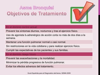 Prevenir los síntomas diurnos, nocturnos y tras el ejercicio físico.
Uso de agonista b2 adrenérgico de acción corta no más de dos días a la
semana.
Mantener una función pulmonar normal o casi normal.
Sin restricciones en la vida cotidiana y para realizar ejercicio físico.
Cumplir las expectativas de los pacientes y sus familias.
Prevenir las exacerbaciones y la mortalidad.
Minimizar la pérdida progresiva de función pulmonar.
Evitar los efectos adversos del tratamiento.
Guía Española para el Diagnostico del Asma. GEMA 2009
 