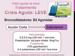 2,5-5,0 mg c/20 min/ 1 era hora
Presentación: sol para inhalar. 5mg/1cc
(100 μg/pulsación)
2-4 pulsaciones c/20 min/ 1era hora
Broncodilatadores: B2 Agonistas
SalbutamolAcción Corta
Sociedad Mexicana de NEUMOLOGÍA Y CIRUGÍA DE TÓRAX, Vol. 64(S1),2005. Consenso Mexicano de Asma
 