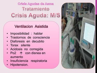 • Imposibilidad : hablar
• Trastornos de consciencia
• Diaforesis en decubito
• Torax silente
• Acidosis no corregida
• Po2  con disnea en
aumento
• Insuficiencia respiratoria
• Hipotension.
 