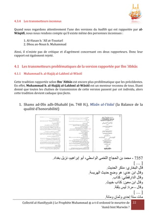 4.3.4 Les transmetteurs inconnus
Quand nous regardons attentivement l’une des versions du hadîth qui est rapportée par alWâqidî, nous nous rendons compte qu'il existe même des personnes inconnues :
1. Al-Hasan b. 'Alî at-Toustarî
2. Dhou an-Noun b. Muhammad
Ainsi, il n'existe pas de critique et d'agrément concernant ces deux rapporteurs. Donc leur
rapport est également rejeté.

4.1 Les transmetteurs problématiques de la version rapportée par Ibn ‘Abbâs
4.1.1 Muhammad b. al-Hajjâj al-Lakhmî al-Wâsitî
Cette tradition rapportée selon Ibn ‘Abbâs est encore plus problématique que les précédentes.
En effet, Muhammad b. al-Hajjâj al-Lakhmî al-Wâsitî est un menteur reconnu de tous. Etant
donné que toutes les chaînes de transmission de cette version passent par cet individu, alors
cette tradition devient caduque ipso facto.

1. Shams ad-Dîn adh-Dhahabî (m. 748 H.), Mîzân al-I'tidal (la Balance de la
qualité d'honorabilité)

.‫7537 - محمد بن الحجاج اللخمى الواسطي، أبو إبراهيم، نزيل بغداد‬
[…]
.‫قال البخاري: منكر الحديث‬
.‫وقال ابن عدي: هو وضع حديث الهريسة‬
. ‫وقال الدارقطني: كَا‬
.‫وقال ابن معين: كَا خبيث‬
.‫وقال - مرة: ليس بثقة‬
[…]
.‫مات سنة إحدى وثمان ومائة‬
Collectif al-Hanifiyyah | Le Prophète Muhammad ‫ ﷺ‬a-t-il ordonné le meurtre de 22
‘Asmâ bint Marwân ?

 