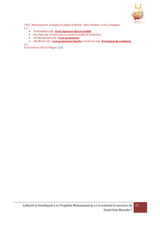 7357 - Muhammad b. al-Hajjâj al-Lakhmî al-Wâsitî - Abou Ibrâhîm. A vécu à Bagdad.
[...]
 Al-Boukhârî a dit : Il est réprouvé dans le hadîth.
 Ibn 'Adî a dit : C'est lui qui a inventé le hadîth de la Harissa.
 Ad-Dâraqoutnî a dit : C'est un menteur.
 Ibn Ma'în a dit : c'est un menteur fourbe et il dit une fois : Il n'est pas de confiance.
[...]
Il est mort en 181 de l’hégire. [15]

Collectif al-Hanifiyyah | Le Prophète Muhammad ‫ ﷺ‬a-t-il ordonné le meurtre de 23
‘Asmâ bint Marwân ?

 