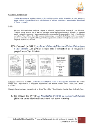 Chaine de transmission :
Le juge Muhammad b. Ahmad -> Abou ‘Alî al-Ghassânî -> Abou ‘Oumar an-Namarî -> Abou ‘Amrou ->
Khalaf b. Qâsim -> Ibn as-Sakan -> ‘Alî b. Muhammad -> ‘Abbâs b. ‘Abd Allâh -> Muhammad b. Muhammad
b. ‘Oumar -> son père

Récit :
Au cours de la deuxième année de l’Hégire se produisit l’expédition de ‘Oumayr b. ‘Adî al-Khatmî,
l’aveugle, contre ‘Asmâ la fille de Marwân qui faisait partie des Banou Oumayyah b. Zayd. Il la tua alors
qu’elle excitait les gens contre les musulmans et les dénigrait. Le Messager de Dieu (paix et bénédiction
sur lui) dit d’elle : « Même deux chèvres ne se battraient pas pour elle ! » Ce fut la première fois que cette
parole fut entendue de la part du Messager de Dieu (paix et bénédictions sur lui). Son assassinat survint à
cinq nuits du mois de Ramadan.

K/ As-Souhaylî (m. 581 H.), ar-Rawd al-Ounouf fî Sharh as-Sîrâ an-Nabawîyyah
lî Ibn Hishâm (Les jardins vierges dans l'explication de la biographie
prophétique d'Ibn Hishâm)

Référence : AS-SOUHAYLI (m. 581 H.), ar-Rawd al-Ounouf fî Sharh as-Sîrâ an-Nabawîyyah lî Ibn Hishâm (Les jardins
vierges dans l'explication de la biographie prophétique d'Ibn Hishâm), éditeur « Ridâ Tawfîq ‘Afîfî », tome 7,
p.499-501

Il s’agit du même texte que celui de la Sîra d’Ibn Ishâq / Ibn Hishâm. Inutile donc de le répéter.

L/ Ibn al-Jawzî (m. 597 H.), al-Mountadhim fî Târîkh al-Moulouk wal Oumam
(Sélection ordonnée dans l'histoire des rois et des nations)

Collectif al-Hanifiyyah | Le Prophète Muhammad ‫ ﷺ‬a-t-il ordonné le meurtre de 55
‘Asmâ bint Marwân ?

 