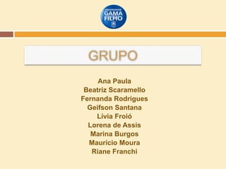 Ana Paula
Beatriz Scaramello
Fernanda Rodrigues
Geifson Santana
Lívia Froió
Lorena de Assis
Marina Burgos
Maurício Moura
Riane Franchi

 