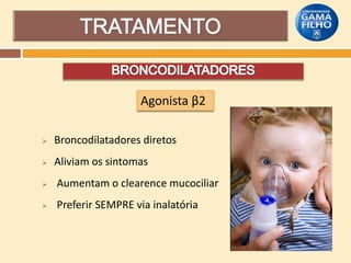Agonista β2


Broncodilatadores diretos



Aliviam os sintomas



Aumentam o clearence mucociliar



Preferir SEMPRE via inalatória

 