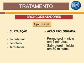 Agonista β2


CURTA AÇÃO:





Salbutamol
Fenoterol
Terbutalina








AÇÃO PROLONGADA:

Formoterol – inicio
em 5 minutos.
Salmeterol – inicio
em 30 minutos.

 