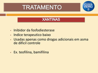





Inibidor da fosfodiesterase
Indice terapeutico baixo
Usadas apenas como drogas adicionais em asma
de dificil controle
Ex. teofilina, bamifilina

 